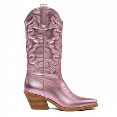 Tuhoomall Comfortable Western Boots for Women – 6cm Low Chunky Heel, Slip-On Design with Floral Embroidery - Fashionable All-Season Style