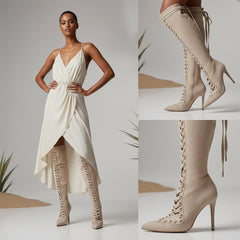 Tuhoomall Knee-High Boots For Bridal Occasion, Pointed-Toe Stiletto Heel, Lace-Up Design, Solid Color, 4" Heel Height, All-Season Wear