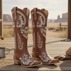 Tuhoomall Knee-High Embroidered Boots for Women with Rhinestones - Stylish Slip-On Design, Low Chunky Heel for Parties and Events Tuhoomall