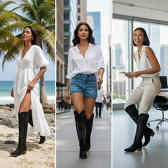 Tuhoomall Faux Suede Knee High Western Boots with Embroidered Eagles for Fashion, Travel, and Parties, 2.36 in Chunky Heel