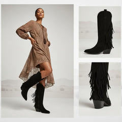 Tuhoomall Western Style Mid-Calf Boots with Tassels, Casual Fashion Footwear, Chunky Heel, Faux Suede, Zipper Closure, All-Season Design