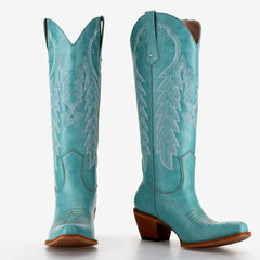Tuhoomall Western Cowboy Knee-High Boots for Women, Stylish Floral Embroidery, Comfortable Chunky Heels, Slip-On Design, All-Season Fashion