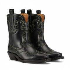 Tuhoomall Chic Mid Calf Western Boots For Women | Floral Embroidery | Slip-On Chunky Heel | Casual Fashion Footwear For Travel