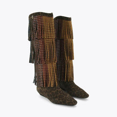 Tuhoomall Western Knee High Boots with Fringe and Rhinestones, Stylish Leopard Print for Parties and Performances Tuhoomall