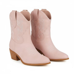 Tuhoomall Western Ankle Boots with Embroidered Pattern, 5cm Chunky Heel, Slip-On Design for Fashion and Travel, Durable Synthetic Fabric Lining