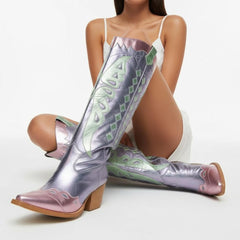 Tuhoomall Western Cowgirl Mid Calf Boots with Snip-Toe and Chunky Heel for Fashion Parties and Performances, Animal Pattern, Metallic Bright Surface