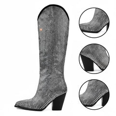 Tuhoomall Shiny Rhinestone Knee-High Boots for Parties and Performances, Stylish Pointed Toe Design, 9cm Chunky Heel, All-Season Wear