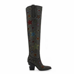 Tuhoomall Western Rhinestone Over-The-Knee Boots for Women, 9.5 cm Irregular Heels, Sparkling Slip-On Stylish Casual Footwear