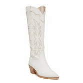 Tuhoomall Embroidered Western Chunky Heel Boots for Women - Pointed Toe, Zipper Closure, Mid-Calf Height, Stylish Vegan Leather, Perfect for All Seasons Tuhoomall