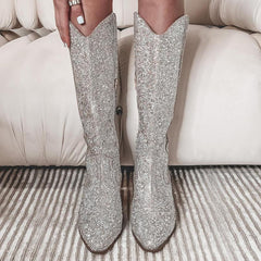 Tuhoomall Rhinestone Western Mid Calf Boots For Women - Chunky Heel & Easy Zip Closure, Stylish For Travel And Weddings