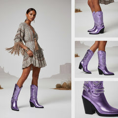 Tuhoomall Metallic Rhinestone Western Boots For Women - Pointed Toe, Block Heel, Fashion Statement For Parties, Made Of Vegan Leather And Embroidered Details