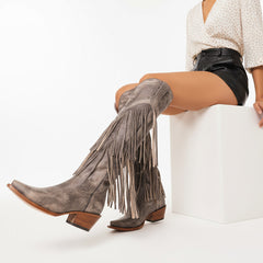 Tuhoomall Western Knee-High Cowboy Boots, Chunky Heel, Fringe & Studs, Retro Style, Casual Wear, All Seasons
