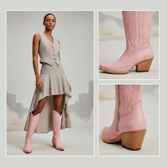 Tuhoomall Stylish Western Mid-Calf Boots for Women - Embroidered Vegan Leather, 2.76in Low Chunky Heel, Perfect for Year-Round Casual Wear