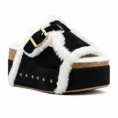 Tuhoomall Blue Faux Suede Fur-Lined Studs Double Buckle Strap Round Platform Cork Sandals Slippers