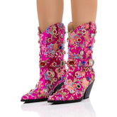 Tuhoomall Western Floral Embroidered Rhinestone Mid Calf Boots for Women, Chunky Heel, Water-Resistant Satin, Stylish for Spring Autumn Winter