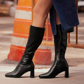 Tuhoomall Knee High Fashion Boot For Parties And Casual Wear, Stylish Solid Color, Mid Chunky Heel, Zipper Closure, Comfortable For All Seasons