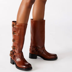 Tuhoomall Vintage Stylish Casual Boots for Women, Comfortable Mid-Calf Square-Toe with Chunky Heel, Adjustable Buckle, All-Season Wear