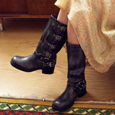 Tuhoomall Vintage Stylish Casual Boots for Women, Comfortable Mid-Calf Square-Toe with Chunky Heel, Adjustable Buckle, All-Season Wear