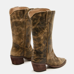 Tuhoomall Western Vintage Cowgirl Boots, Mid-Calf Ankle Booties, Casual Retro Style, Embroidered Design with Chunky Heel