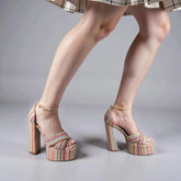 Tuhoomall High Heel Woven Sandals for Women - Comfortable Floral Design, 14 cm Block Heel, Adjustable Strap, Perfect for Weddings and Travel Tuhoomall