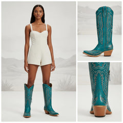 Tuhoomall Western Knee-High Cowgirl Boots with Chunky Heel and Floral Embroidery for Outdoor Fashion and Casual Wear