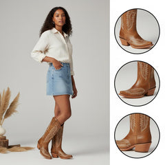 Tuhoomall Stylish Western Mid-Calf Boots for Women - Embroidered Vegan Leather, 2.76in Low Chunky Heel, Perfect for Year-Round Casual Wear