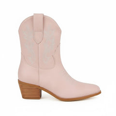 Tuhoomall Western Ankle Boots with Embroidered Pattern, 5cm Chunky Heel, Slip-On Design for Fashion and Travel, Durable Synthetic Fabric Lining