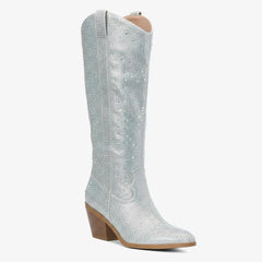 Tuhoomall Rhinestone Western Mid Calf Boots For Women - Chunky Heel & Easy Zip Closure, Stylish For Travel And Weddings Tuhoomall