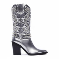 Tuhoomall Metallic Rhinestone Western Boots For Women - Pointed Toe, Block Heel, Fashion Statement For Parties, Made Of Vegan Leather And Embroidered Details