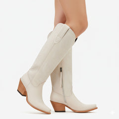 Tuhoomall Western Cowboy Knee High Boots for Women, Floral Embroidery, Comfortable Chunky Heel, Perfect for Travel and Outdoor Fashion