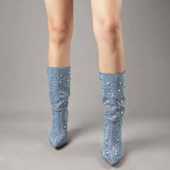Tuhoomall Denim Blue Stiletto Boots, Chic Pointed Toe, Rhinestone Embellished, Scrunch Design for Parties and Casual Outings, 4.5-Inch Comfortable Heel
