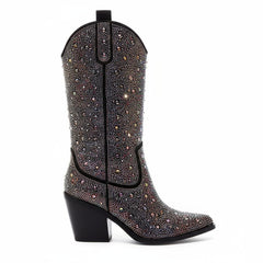 Tuhoomall Western Ankle Boots With Rhinestones, Mid Heel 3.00 in, Faux Leather, Stylish For Parties, Weddings, Performances Tuhoomall