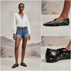 Tuhoomall Comfortable Pointed-Toe Flat Shoes with Adjustable Buckle for Casual Party Style - Studded Genuine Leather Upper, Rubber Sole