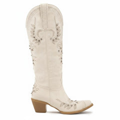 Tuhoomall Western Cowgirl Boots, Slip-On Mid Calf with Chunky Heel, Floral Embroidery for Parties and Casual Wear