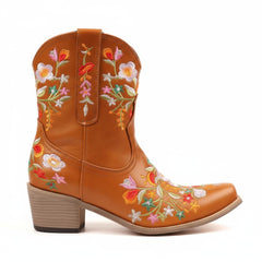 Tuhoomall Stylish Western Ankle Boots with Floral Embroidery, Rubber Sole, Chunky 5cm Heel for Classic and Casual Looks