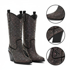 Tuhoomall Western Ankle Boots With Rhinestones, Mid Heel 3.00 in, Faux Leather, Stylish For Parties, Weddings, Performances