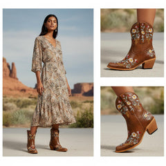 Tuhoomall Stylish Western Ankle Boots with Floral Embroidery, Rubber Sole, Chunky 5cm Heel for Classic and Casual Looks