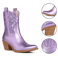 Tuhoomall Comfortable Western Ankle Boots for Fashion, Travel, and Leisure - Embroidered Genuine Leather, 5.5cm Chunky Heel, Slip-On Design