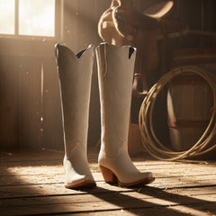 Tuhoomall Western Cowboy Knee High Boots for Women, Floral Embroidery, Comfortable Chunky Heel, Perfect for Travel and Outdoor Fashion