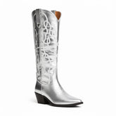 Tuhoomall Silver Metallic Knee High Western Boots for Women with Block Heel, Stylish Embroidered Full-Grain Leather, Easy Pull-On, Perfect for Casual Fashion