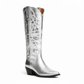Tuhoomall Silver Metallic Knee High Western Boots for Women with Block Heel, Stylish Embroidered Full-Grain Leather, Easy Pull-On, Perfect for Casual Fashion Tuhoomall