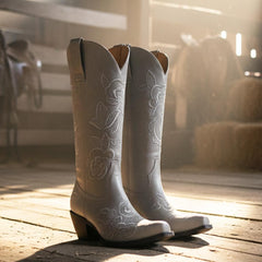 Tuhoomall Western Cowboy Mid-Calf Boots for Women, Floral Embroidery, Stylish Low Chunky Heels, Perfect for Weddings and Casual Outings