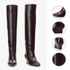 Tuhoomall Wedges Boots Over-the-Knee Boots For Parties and Performances, Comfortable Wedge Heel, Crocodile Pattern PU, Fashionable Retro Design Tuhoomall
