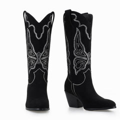 Tuhoomall Western Cowgirl Boots, Comfortable Mid Calf, Chunky Heel, Pointed Toe, Stylish Animal Pattern with Rhinestones for Casual and Party Wear Tuhoomall