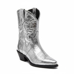 Tuhoomall Western Ankle Booties with Snip-Toe and Chunky Heel for Fashion Casual Parties, Embroidery Design with Metallic Inlay, Slip-On Style Tuhoomall