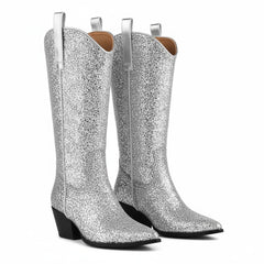 Tuhoomall Western Block Heel Ankle Boots with Glitter Detail, 2.50 in Heel Height, Stylish for Parties and Performances, Faux Leather Lining