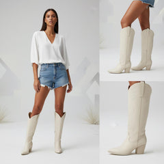 Tuhoomall Western Floral Embroidered Knee-High Boots for Women - Comfortable Slip-On Design with Chunky Heel for Parties and Daily Wear