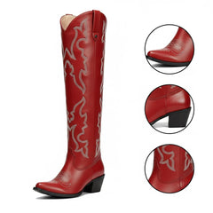 Tuhoomall Western Knee-High Boots with Elegant Embroidery, Stylish Mid Heel for Casual and Office Wear, Durable Faux Suede Leather, All-Season Fashion