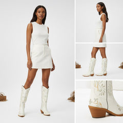 Tuhoomall Tuhoomall Western Knee-High Boots for Women, Floral Embroidered Design, Perfect for Parties, Office, and Casual Wear, 7.5 cm Classic Mid Chunky Heel