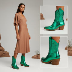 Tuhoomall Comfortable Western Ankle Boots for Fashion, Travel, and Leisure - Embroidered Genuine Leather, 5.5cm Chunky Heel, Slip-On Design